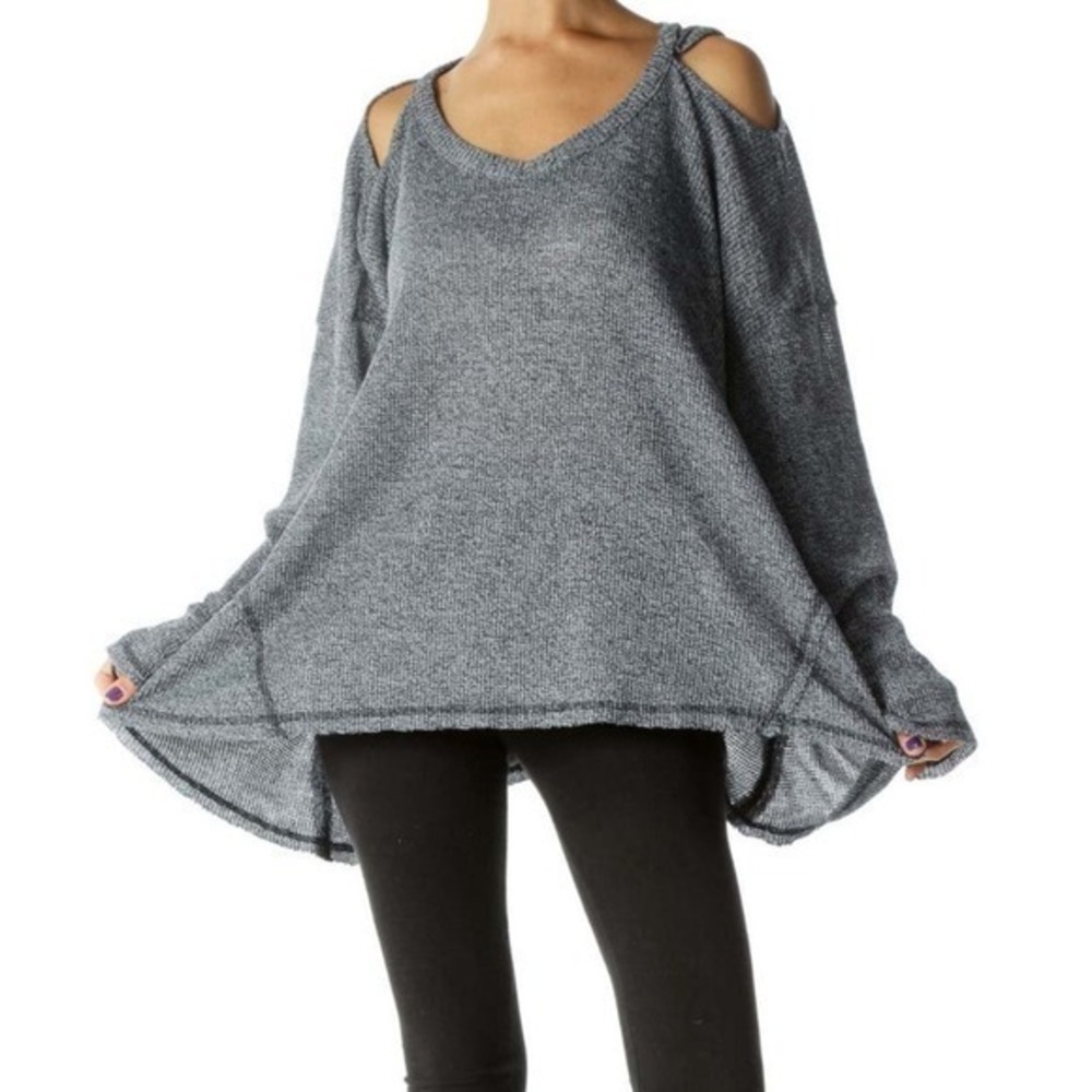 Deletta Anthropologie size‎ XS Blue  Cold Shoulder Round Neck Stretch Knit Top
